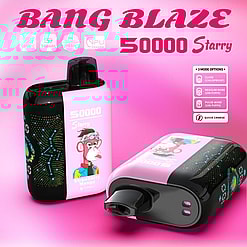 Two pink and black Bang Blaze 50000 Starry disposable vape devices with a cartoon monkey in a colorful jacket on the pink side and star constellation graphics on the black side, shown against a pink background with text highlighting features like Type-C charging, 550mAh battery, dual mesh coil, 3 mode options, and quick charge capability.