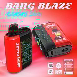 Two Bang Blaze vaping devices in red and black with constellation patterns and a cartoon monkey illustration labeled Strawberry Watermelon flavor, displayed on a red background with text highlighting 50000 puffs, type-C charging, 550mAh battery, and three mode options.