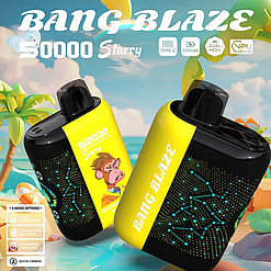 Two black and yellow Bang Blaze 50000 Starry disposable vape devices with constellation designs and a cartoon monkey character on a tropical beach background with palm trees and sea.
