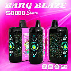 Three black Bang Blaze 50000 Starry disposable vape devices with luminous flame and constellation designs on a pink background, featuring a Triple Berry flavor label with a cartoon monkey character and device specifications including Type-C charging and 550mAh battery.