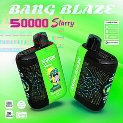 Two black and neon green Bang Blaze 50000 Starry vaping devices with constellation designs and cartoon character on front, set against a bright green background with product features and mode options text