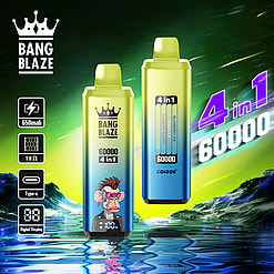 Dos coloridos dispositivos de vapeo desechables Bang Blaze 4 en 1 de 60.000 bocanadas con batería y detalles de sabor, sobre un fondo de un paisaje montañoso verde y azul brillante reflejado en el agua.