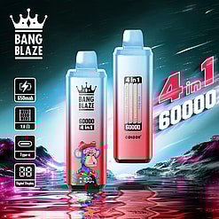 Dos dispositivos de vapeo desechables Bang Blaze 4 en 1 con un acabado degradado en rosa y azul, uno con un diseño de simio de dibujos animados y pantalla digital, el otro con cuatro sabores: Red Bull, Strawberry Banana, Mango Peach Apricot, Passion Fruit Kiwi Lime, sobre un fondo dinámico con íconos de información para batería de 650 mAh, resistencia de 1,0 ohm, carga tipo C y pantalla digital.