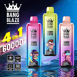Three colorful Bang Blaze 4-in-1 60000 disposable vape devices with cartoon monkey designs on a blue cosmic background over water reflection, highlighting 650mAh battery, Type-C charging, 1.0 ohm resistance, and digital display features.