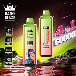 Dos dispositivos de vapeo Bang Blaze 4 en 1 de 60 000 bocanadas con degradado de verde a rosa con una pantalla digital y un gráfico de dibujos animados de un simio fumando en uno, sobre un paisaje montañoso brillante con reflejo de agua, que muestra características como batería de 650 mAh, resistencia de 1,0 ohmios, carga tipo C y pantalla digital.