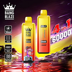 Two gradient orange-yellow disposable vape devices with digital screens and a smoking ape graphic, featured against a bright sunset landscape with water and mountains, highlighting 'BANG BLAZE 60000 4 in 1' branding and specifications including 650mAh battery, 1.0Ω resistance, Type-C charging, and four flavor options.