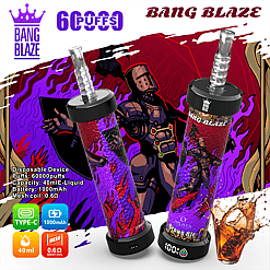 Two cylindrical Bang Blaze disposable vaping devices decorated with a red and purple armored knight graphic, displaying features such as 60000 puffs, 40ml e-liquid capacity, 1000mAh battery, mesh coil 0.6 ohm, Type-C charging, and 100 percent charge indicator, with a glass of brown ale beside them on a white background.