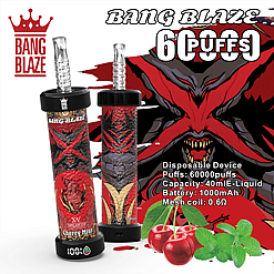 Two Bang Blaze disposable vape devices with red and black devil-themed designs, one showing a cherry and mint flavor label, surrounded by text highlighting 60000 puffs, 40ml e-liquid capacity, 1000mAh battery, and 0.6Ω mesh coil, alongside illustrations of cherries and mint leaves.