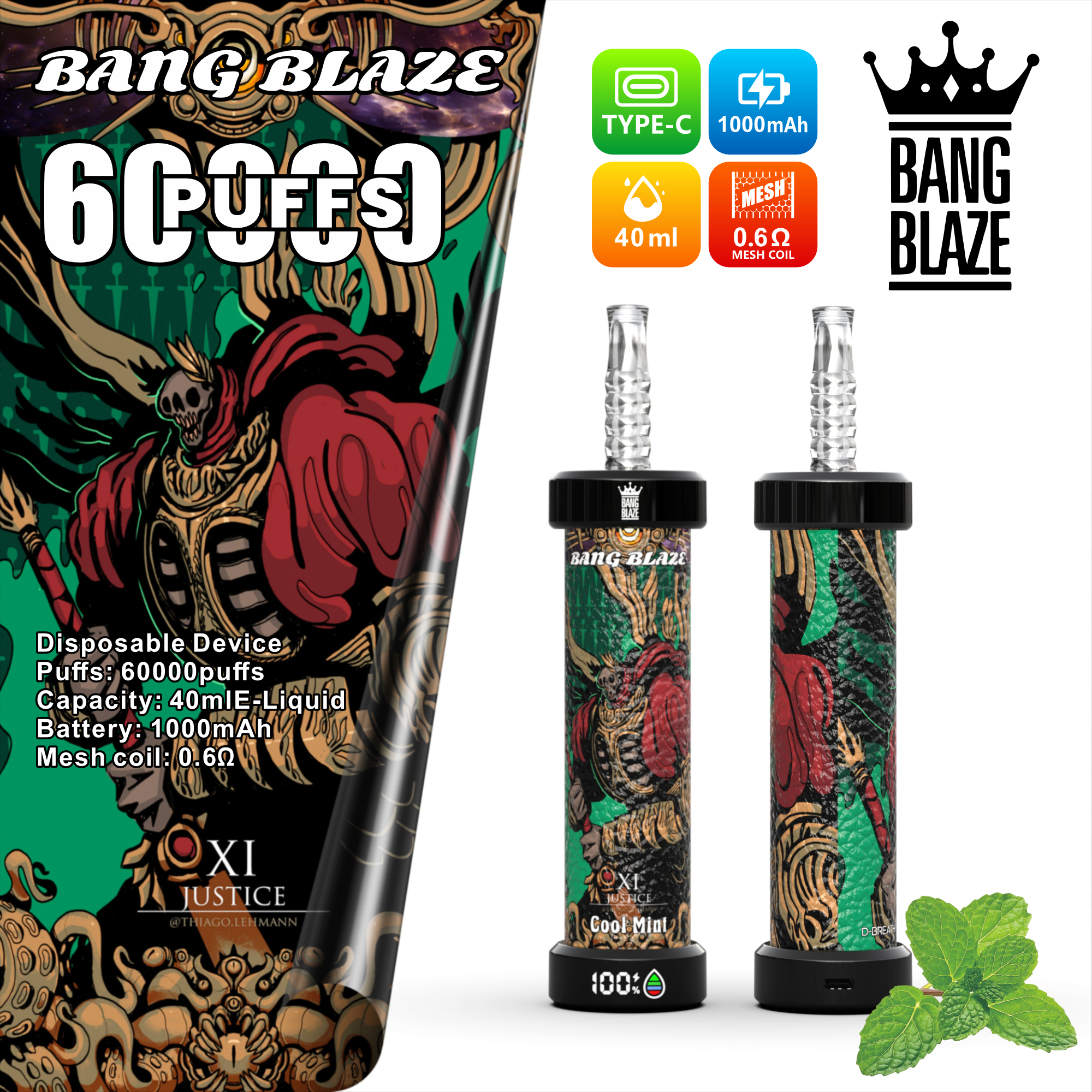 Bang Blaze disposable vaping device with skeleton warrior artwork, offering 6000 puffs, 40ml e-liquid capacity, 1000mAh battery, and 0.6 ohm mesh coil, depicted front and back with ventilation mouthpiece and mint leaves indicating cool mint flavor.