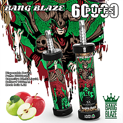 Two Bang Blaze disposable vape devices with colorful packaging featuring a horned skull figure and green and red graphics, labeled with 60,000 puffs and Double Apple flavor, alongside fresh green and red apples and product specifications on a white background.