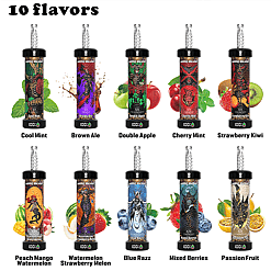 Ten Bang Blaze vape cartridges each labeled with a flavor and accompanied by corresponding fruit or mint images: Cool Mint, Brown Ale, Double Apple, Cherry Mint, Strawberry Kiwi, Peach Mango Watermelon, Watermelon Strawberry Melon, Blue Razz, Mixed Berries, and Passion Fruit.
