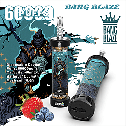 Two Bang Blaze disposable vape devices with mixed berries flavor, featuring dark fantasy-themed artwork and specifications including 60000 puffs, 40ml e-liquid capacity, 1000mAh battery, and 0.6 ohm mesh coil, alongside images of a strawberry and blueberries.