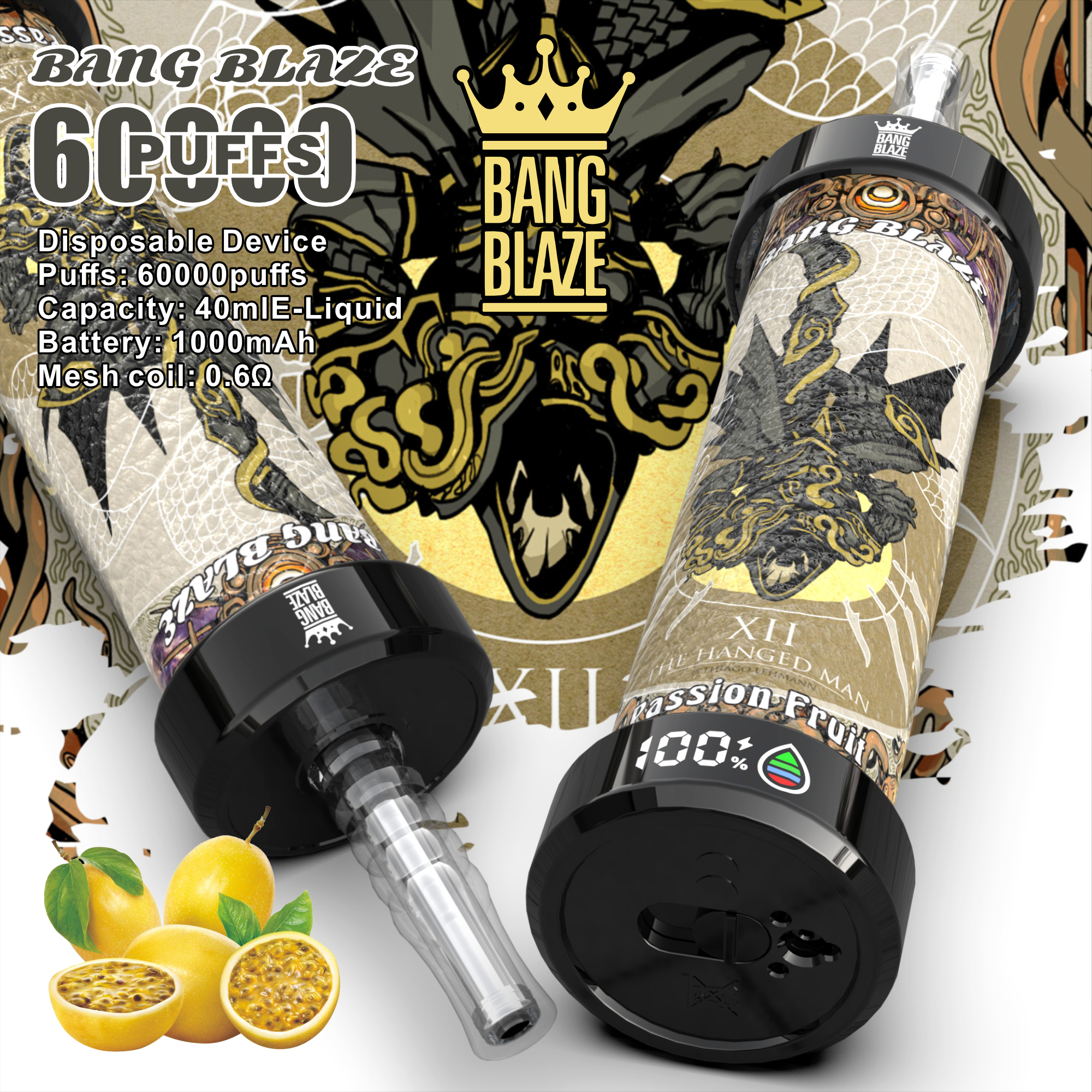 Two Bang Blaze disposable vape devices with artistic designs, labeled 60,000 puffs capacity, 40ml e-liquid, 1000mAh battery, and 0.6 ohm mesh coil, alongside a few passion fruits with one cut open showing seeds.