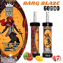 Two disposable vape devices with colorful skins featuring a red-haired character and dragon motifs, labeled Bang Blaze and accompanied by images of watermelon slices, a mango piece, and peaches, with promotional text indicating 60000 puffs, 40ml e-liquid capacity, 1000mAh battery, and 0.6Ω mesh coil.