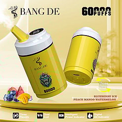 Two yellow Bang De disposable vape devices with a gorilla face logo, advertising 60,000 puffs and three flavors: blueberry ice, peach mango, and watermelon, shown with corresponding fruit images and icons for dual coil, intelligent power indicator, and digital oil indicator.