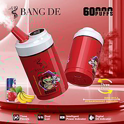 Red and white Bang De 60000 puffs vaping devices with a smoking monkey graphic, shown with Red Bull can, strawberries, and bananas, highlighting features like three flavors, dual coil, intelligent power indicator, and digital oil indicator.
