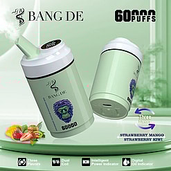 Two light green Bang De vaping devices with a gorilla head logo, labeled for 60,000 puffs, emitting vapor, surrounded by illustrations of strawberries, mangoes, and kiwis to indicate three flavors, with icons showing features like dual coil, intelligent power indicator, and digital oil indicator.