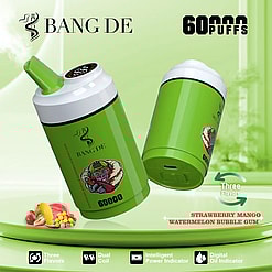 Two green Bang De disposable vape devices with monkey graphics, advertising 60,000 puffs and three flavors: strawberry mango, watermelon, and bubble gum, alongside flavor icons and features like dual coil, intelligent power indicator, and digital oil indicator.