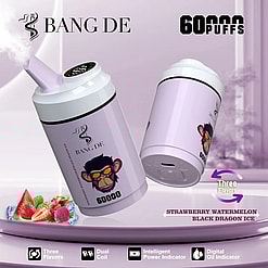 Two lavender-colored disposable vape devices with a stylized monkey face and 'BANG DE' branding, advertised as providing 60,000 puffs with three flavors: strawberry, watermelon, and black dragon ice, on a soft purple background with fruit and ice garnish.