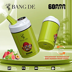Two green Bang De vape devices with a white top and a digital display, surrounded by images of strawberries, watermelon, kiwi, passion fruit, and guava, promoting 60000 puffs and featuring three flavors, dual coil, intelligent power indicator, and digital oil indicator.