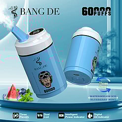 Two light blue cylindrical vaping devices with black and white logos and text, one emitting vapor, placed on a blue circular platform with images of watermelon slice, blueberries, and mint leaves nearby, against a blue gradient background and text indicating 60,000 puffs and three flavors: watermelon ice, blueberry mint.