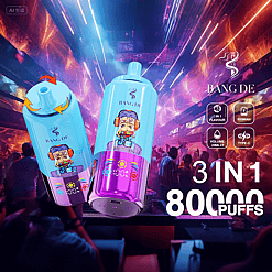 Two blue and purple disposable vape devices with cartoon ape designs floating over a crowded club with colorful laser lights, featuring text highlighting 3-in-1 flavor, 650mAh battery, 20ml volume, Type-C charging, and 8000 puffs