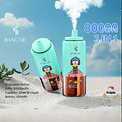 Two turquoise and copper disposable vaping devices with cartoon characters wearing headphones, placed on sandy ground with a backdrop of blue sky and clouds, advertising 80,000 puffs and triple 3-in-1 features.