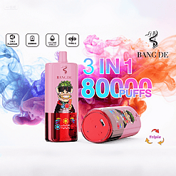 Pink Bang De vaping device with cartoon character design, advertising 3-in-1 flavor, 650mAh battery, 20ml volume per flavor, Type-C charging, and 800,000 puffs, set against colorful blue, pink, and orange smoke background.