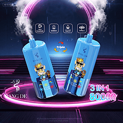 Two blue disposable vaping devices with a crowned monkey cartoon logo labeled BANG DE, showing smoke emission, set against a neon-lit futuristic background with icons indicating 3 in 1 flavor, 650mAh battery, 20ml volume, and Type-C charging, along with text highlighting 3 IN 1 and 8000 puffs.