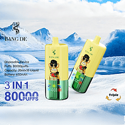 Two yellow and green disposable vape devices with a cartoon ape logo and the brand name BANG DE, displayed against a snowy mountainous background, highlighting features like 80000 puffs, 20ml e-liquid capacity, and 650mAh battery.