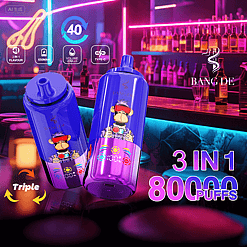 Two blue and purple BANG DE vape devices featuring cartoon monkey designs with red blindfolds, displayed in a neon-lit bar setting with bottles on shelves and neon signs; text highlighting features such as 3 in 1 flavour, 650mAh battery, 20ml volume, Type-C charging, 40 refill cycles, triple puff functionality, and 80000 puffs capacity.