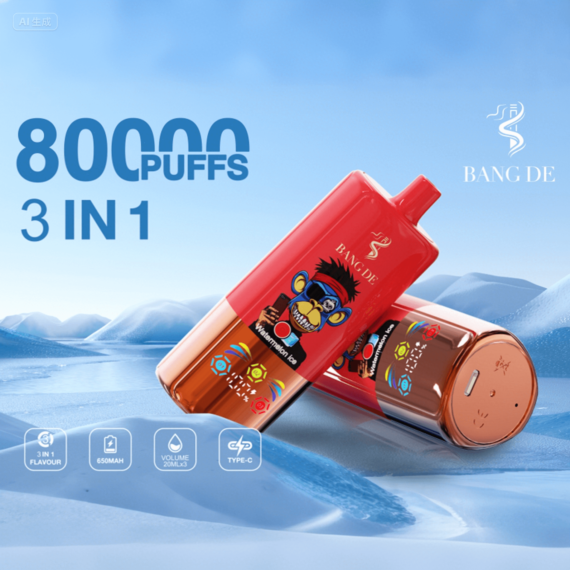 Two red Bang De disposable vape devices with cartoon monkey graphics, positioned against a blue icy landscape background, featuring text advertising 8000 puffs, 3-in-1 flavor, 650mAh battery, 20mL volume, and USB Type-C charging.