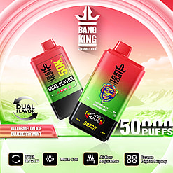 Two red and green gradient vape devices with the Bang King brand, highlighting 50,000 puffs dual flavor of watermelon ice and blueberry mint, set against a stylized mountain background with icons for dual flavor, mesh coil, adjustable airflow, and digital screen display.