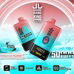Two Bang King disposable vape devices in gradient blue and pink colors with digital display, featuring dual flavor options Blueberry Ice and Peach Ice, floating against a blue and pink icy mountain background with branding and feature icons for dual flavor, mesh coil, adjustable airflow, and digital screen display.