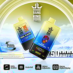 Two Bang King vaping devices with dual flavor of red bull and strawberry banana, showing 50,000 puffs, with icons indicating dual flavor, mesh coil, adjustable airflow, and digital display, set against a snowy mountain background.