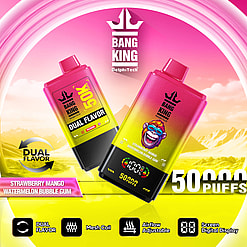 Two pink and yellow gradient vape devices with black bottoms labeled Bang King by DelphiTech, featuring dual flavors of strawberry mango and watermelon bubble gum, with a digital puff count display of 50,000 puffs, set against a vibrant yellow and pink mountainous background with product features icons below.