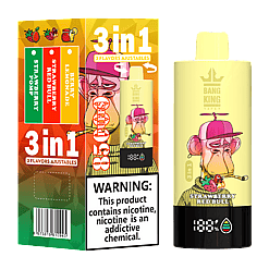 Vape packaging and device featuring a cartoon ape wearing a pink cap, labeled with three adjustable flavors: Strawberry Pomp, Strawberry Red Bull, and Berry Lemonade, with a warning about nicotine addiction.