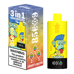 Yellow Bang King Vapen device with cartoon monkey and lemon lime flavor, next to packaging box indicating 3 in 1 adjustable flavors and 85 puffs, with nicotine warning label