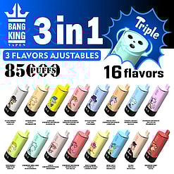 Promotional image featuring Bang King Vapen disposable vape devices, highlighting '3 in 1' with '3 flavors adjustable' and 'Triple' flavor options, supporting 850 puffs and 16 flavors; shows two rows of colorful vape devices each with distinct cartoon character designs and flavor names such as Ice Tea Lemonice, Watermelon Ice, Lemonlime, Strawberry Banana, Blue Razz Cherry, Tropical Fruit, Pineapple Coconut, Strawberry Watermelon, Mixed Berries Mango Peach, Strawberry Vanilla Coke, Lychee, Strawberry Watermelon Blue Razz Ice, Berry Lemon Ice, Double Apple, Cola Ice, and Strawberry Donut Banana Ice Love Ice.