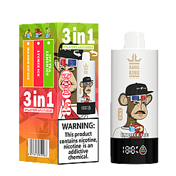 A Bang King Vape 3 in 1 disposable vape device and its colorful packaging highlighting three adjustable flavors: Mango on Ice, Lychee Ice, and Iced Tea Lemon Ice, with a nicotine warning and a cartoon monkey wearing a black cap on the device.