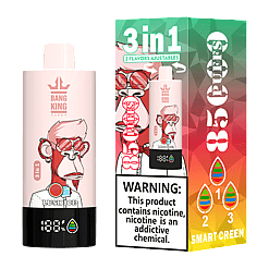 Bang King Vape device with cartoon monkey wearing red sunglasses on the body, showing 3 in 1 adjustable flavors and 185 puffs, next to colorful packaging with same monkey image, nicotine warning, and 3 flavor indicators numbered 1, 2, 3