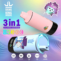 Two Bang King Vapen disposable vape devices, one pink with strawberry banana flavor and one light blue with grape flavor, shown with 3-in-1 triple adjustable flavors and 850 puffs capacity against a colorful gradient background