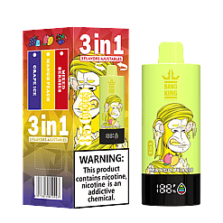 A 3-in-1 Bang King vape device and its colorful packaging featuring a stylized cartoon monkey with yellow hair, advertising adjustable flavors including Grape Ice, Mango Peach, and Mixed Berries, with a large nicotine warning label on the box.