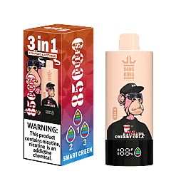 Disposable vape device and its packaging, featuring a cartoon monkey wearing a black cap and sunglasses, labeled 'Bang King Vapen' and '85 Cuotas', with cherry cola flavor and nicotine warning on the box.