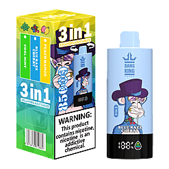 Bang King blue disposable vape with Blue Razz Cherry flavor, illustrated monkey wearing a purple top hat on light blue body, alongside the product's 3-flavor adjustable package showing Cool Mint, Blue Razz Cherry, and Peach Mango options with nicotine warning.