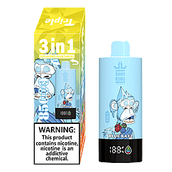 Blue disposable vape device named Bang King with a cartoon icy blue monkey and black base showing 188% and a droplet icon, alongside its colorful box featuring a 3-in-1 adjustable flavor warning label about nicotine addiction.
