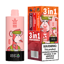 Pink lemonade flavored Bang King Vapen disposable vape device with a cartoon monkey wearing a green headband and a graphic of a pink lemonade drink on the bottle, next to its box prominently featuring 3 adjustable flavors: raspberry watermelon, pink lemonade, and strawberry banana with a warning about nicotine addiction.