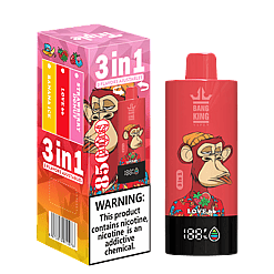 Red Bang King vape device with a cartoon monkey wearing a beanie and floral shirt, alongside its colorful packaging showing three adjustable flavors: Banana Ice, Love 66, and Strawberry Donut, with a nicotine warning label.