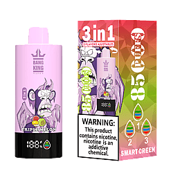 Pink vaping device labeled 'Bang King Vapen' with an angry cartoon monkey holding fruit, marked as '3 in 1' and 'Triple Melon', alongside its packaging highlighting '3 in 1', '3 flavors adjustable', '85 puffs', and a nicotine addiction warning.