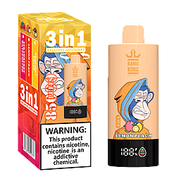 Bang King vape device in lemon peach flavor with an orange and blue hooded monkey illustration, alongside its yellow-orange packaging box showing three adjustable flavors: strawberry, lemon peach, and tropical, with a nicotine warning label.